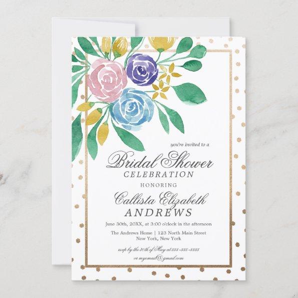 Floral Gold Confetti Watercolor Bridal Shower Invitations