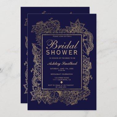Floral gold emerald navy blue modern bridal shower Invitations