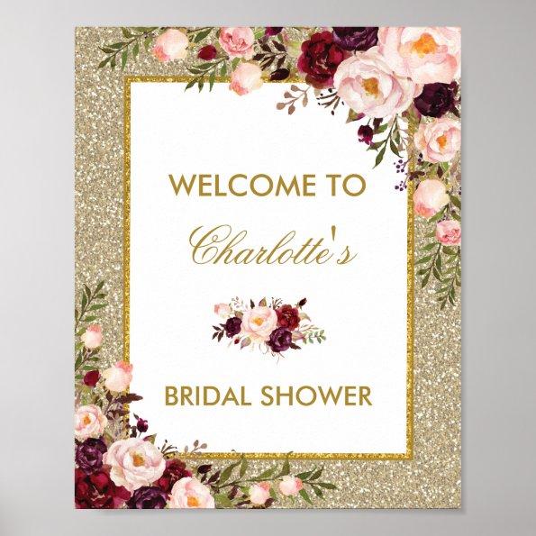 Floral Gold Glitter Bridal Shower Welcome Sign