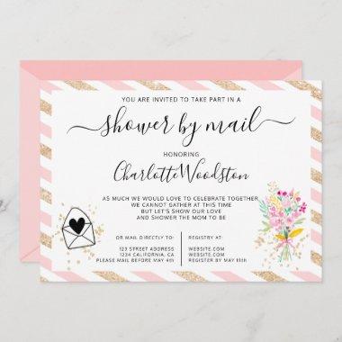 Floral gold glitter stripes baby shower by mail Invitations
