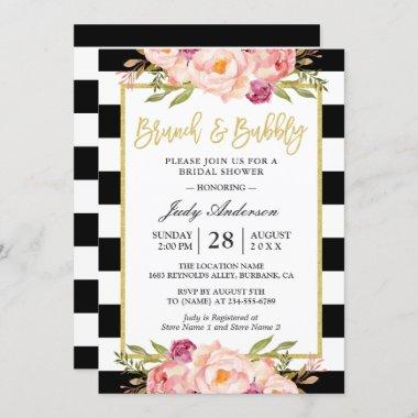 Floral Gold Modern Brunch and Bubbly Bridal Shower Invitations