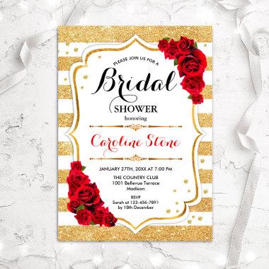Floral Gold White Stripes Bridal Shower Invitations