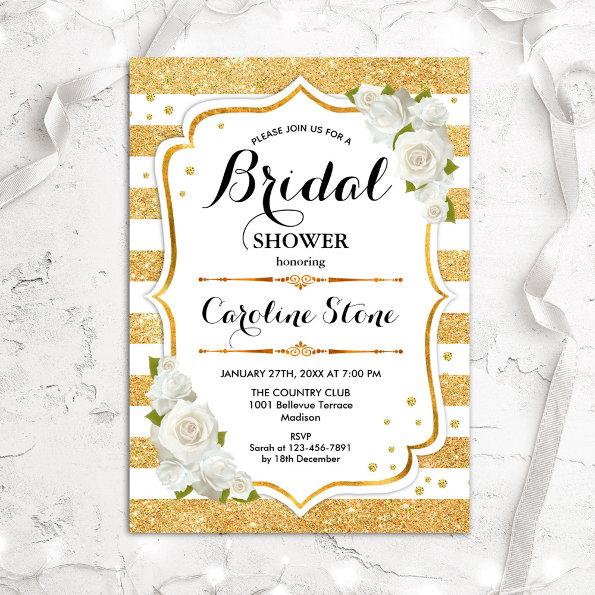 Floral Gold White Stripes Bridal Shower Invitations