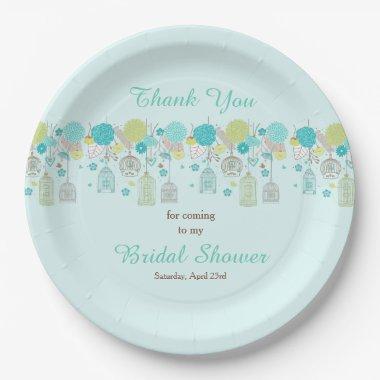 Floral Green & Blue Bird Cages Bridal Shower Paper Plates