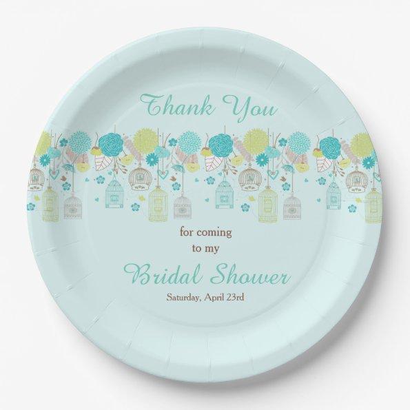 Floral Green & Blue Bird Cages Bridal Shower Paper Plates