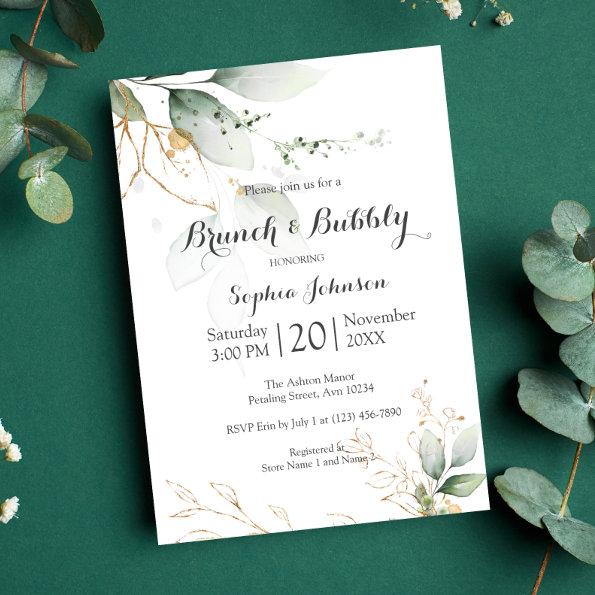 Floral Green Gold Brunch & Bubbly Bridal Shower Invitations