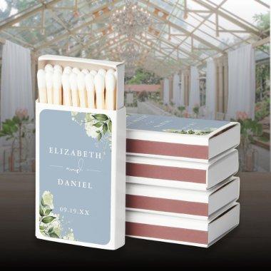 Floral Greenery Dusty Blue Wedding Favors Matchboxes