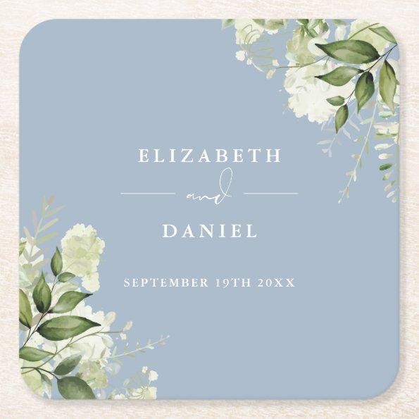 Floral Greenery Elegant Dusty Blue Wedding Square Paper Coaster