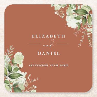 Floral Greenery Elegant Terracotta Wedding Square Paper Coaster