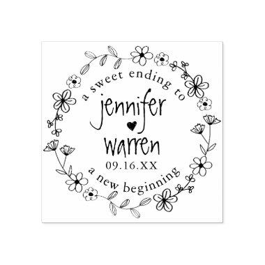 Floral Hand Drawn Wreath Personalized Wedding Rubber Stamp