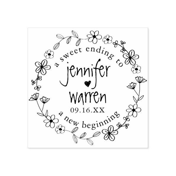 Floral Hand Drawn Wreath Personalized Wedding Rubber Stamp