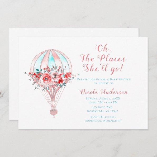 Floral Hot Air Baby Shower The Places She'll Go Invitations