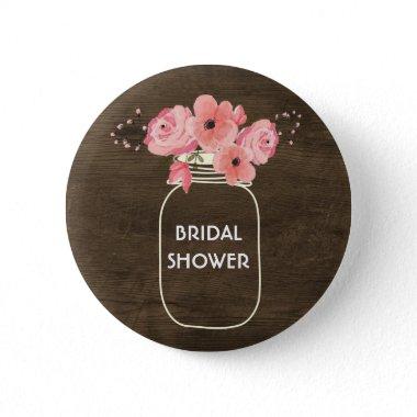 Floral Jar & Lights on Rustic Wood Bridal Shower Pinback Button