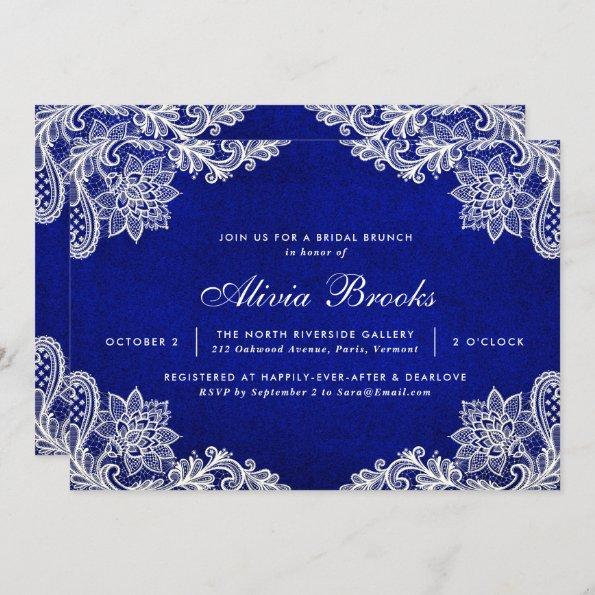 Floral Lace Royal Blue Bridal Brunch Invitations