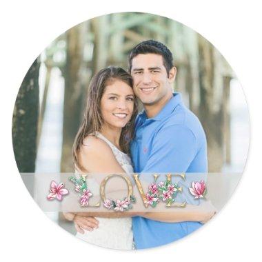 Floral Letter LOVE with Couples Photo Classic Round Sticker