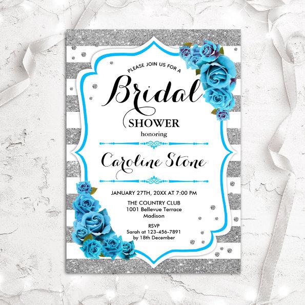 Floral Light Blue Silver Stripes Bridal Shower Invitations
