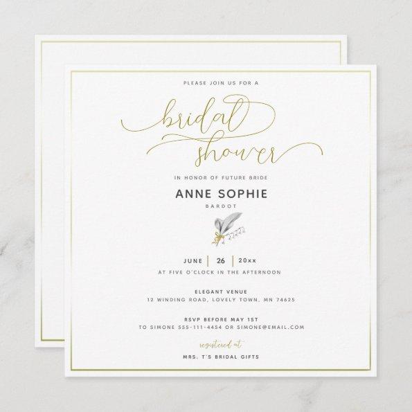 Floral Lily Valley Gold Calligraphy Bridal Shower Invitations