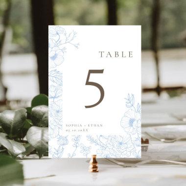 Floral Line Art French Blue Wedding Table Number