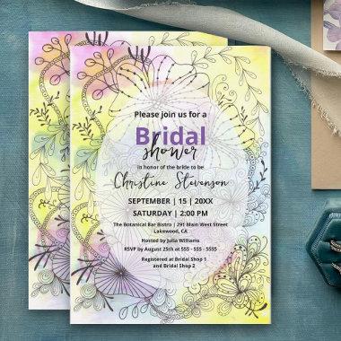 Floral Line Art Pastel Watercolor Bridal Shower Invitations