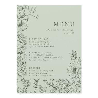 Floral Line Art Sage Green Wedding Menu