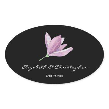 Floral Magnolia on Black Wedding Oval Sticker