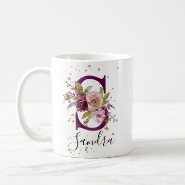 Floral Maroon Blush Add Name Letter S Monogram Coffee Mug