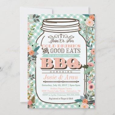 Floral Mason Jar BBQ Baby Shower Invitations