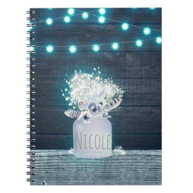 Floral Mason Jar & Blue String Lights Rustic Notebook