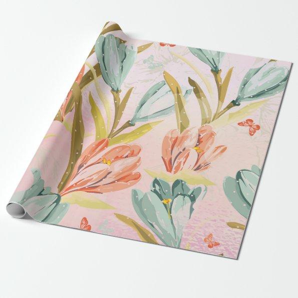 Floral Mint Glass Pearly Pink Pastel Shiny Wrap Wrapping Paper