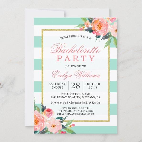 Floral Mint Green Stripes Gold Bachelorette Party Invitations