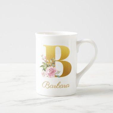 Floral Monogram Botanical Name Initial B Custom Bone China Mug