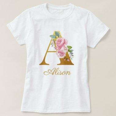 Floral Monogram Custom Name Initial Botanical T-Shirt