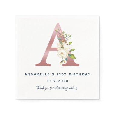 Floral Monogram Initial 21st Birthday Rose Gold Napkins