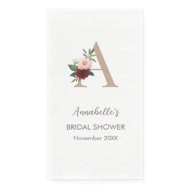 Floral Monogram Letter A Bridal Shower Paper Guest Towels