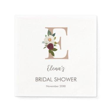 Floral Monogram Letter E Bridal Shower  Napkins