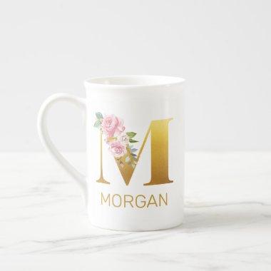 Floral Monogram Name Initial Botanical Personalize Bone China Mug