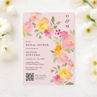 Floral monogram Qr code photo pink