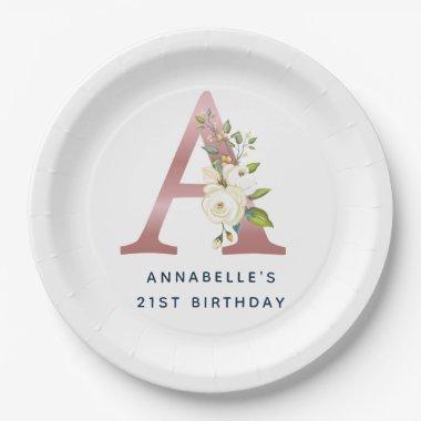 Floral Monogram Rose Gold Initial 21st Birthday Paper Plates