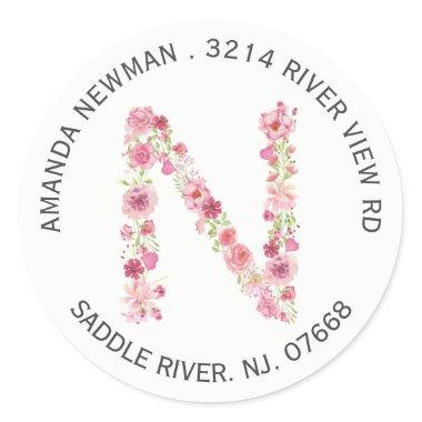 Floral N Initial Monogram Return Address Sticker