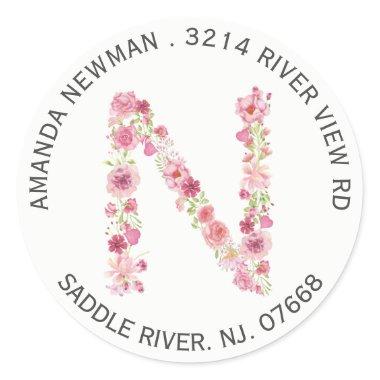 Floral N Initial Monogram Return Address Sticker