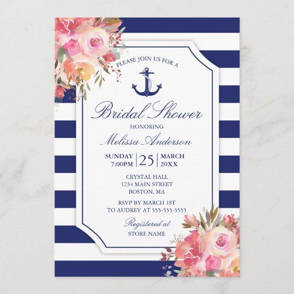 Floral Nautical Anchor Watercolor Bridal Shower Invitations