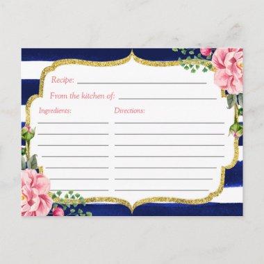 Floral Navy Blue Stripes Bridal Shower Recipe Invitations