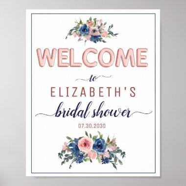 Floral Navy Blush Rose Gold Bridal Shower Welcome Poster