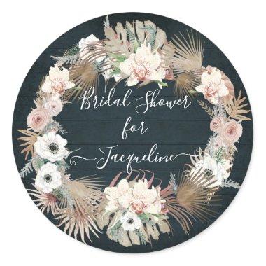 Floral Navy Blush White Rustic Wooden Palm Foliage Classic Round Sticker