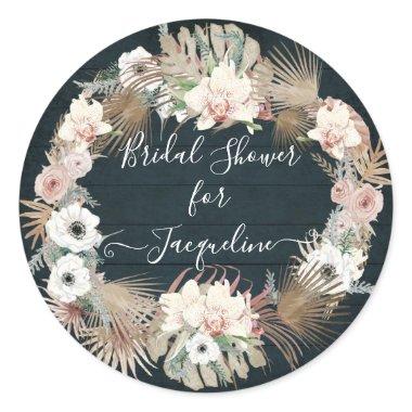 Floral Navy Blush White Rustic Wooden Palm Foliage Classic Round Sticker