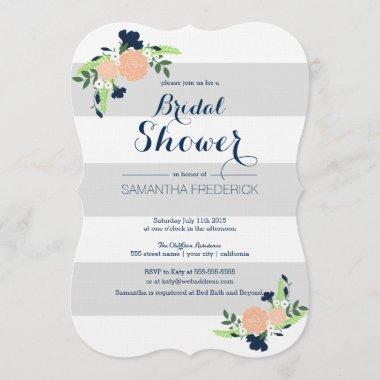 Floral on gray stripe - Bridal Shower Invitations