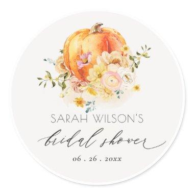 Floral Orange Autumn Pumpkin Bridal Shower Classic Round Sticker