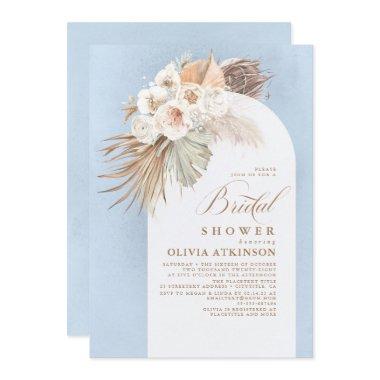 Floral Pampas Grass Boho Dusty Blue Bridal Shower Invitations