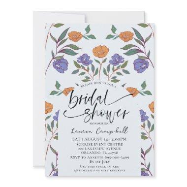 Floral Pattern Dusty Blue & Orange Bridal Shower Invitations