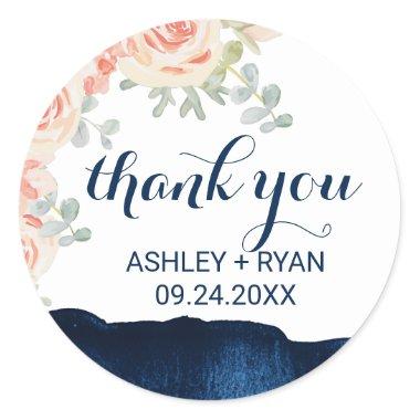 Floral Peach and Navy Watercolor Thank You Favor Classic Round Sticker
